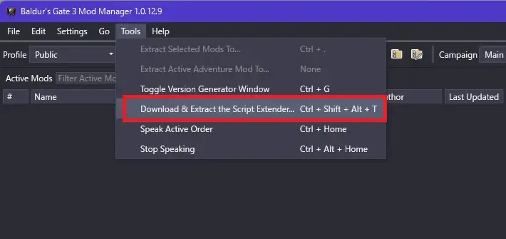 BG3 Mod ManagerのToolsメニューからScript Extenderをダウンロード