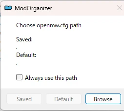Mod Organizer 2でOpenMWの設定ファイルであるopenmw.cfgのパスを選択するように求めるダイアログ画面