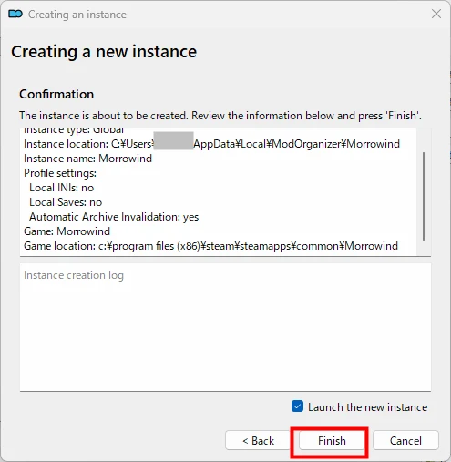 Mod Organizer 2のインスタンス作成画面で、設定内容を確認し「Finish」ボタンを押して完了させる直前の様子