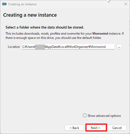 Mod Organizer 2のインスタンス作成画面で、Morrowindのデータ保存先フォルダを指定する設定ウィンドウ