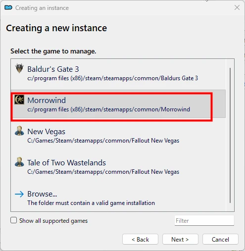 Mod Organizer 2のインスタンス作成画面で、インストール済みのゲーム一覧からMorrowindが選択されている様子