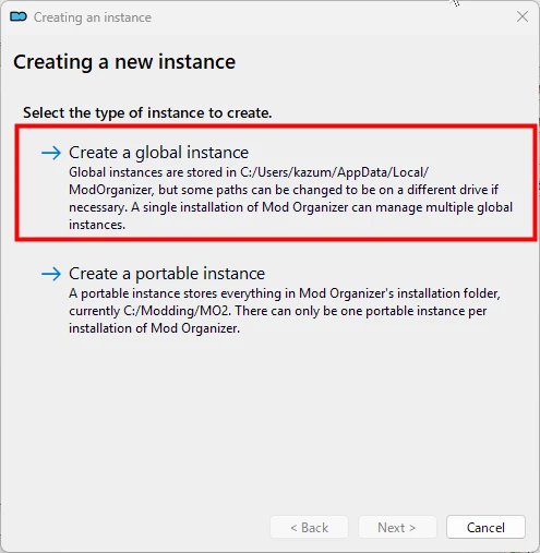 Mod Organizer 2のインスタンス作成画面で、グローバルインスタンスを選択している様子。