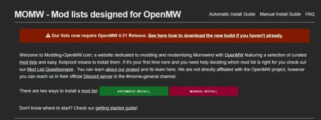 Modding-OpenMW.comのトップページで、自動インストールと手動インストールの選択肢が表示されている画面