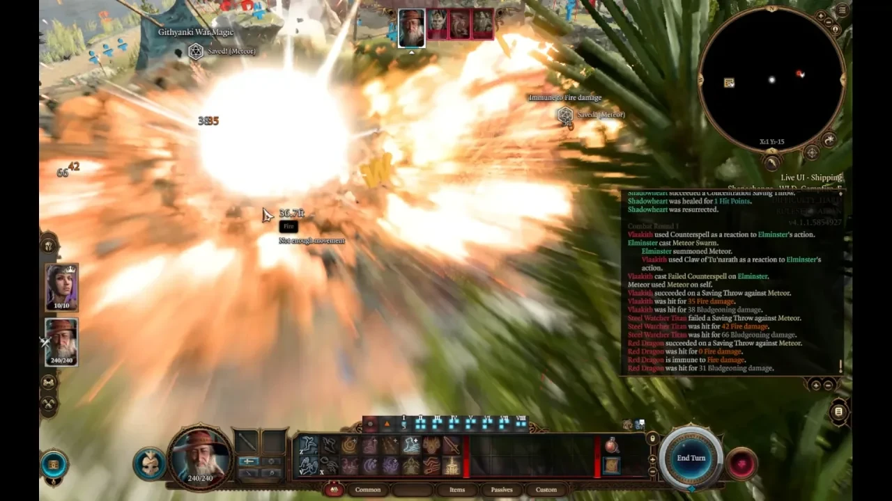 Advanced Tabletop Spellsで流星雨（Meteor Swarm）が発動し爆発が起きている戦闘画面