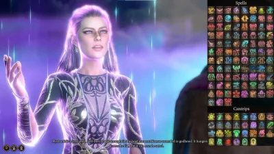 Mystra's Spellsの紹介画像。追加呪文のアイコン一覧とゲーム内のMystra台詞