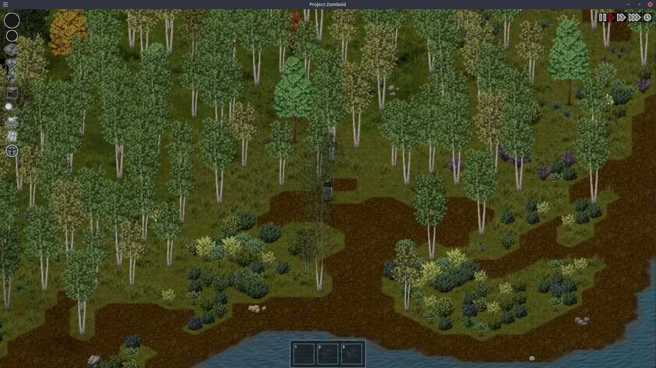 湖のほとりの森を歩くプレイヤー。画面の左右にゲームのUIが並んでいる