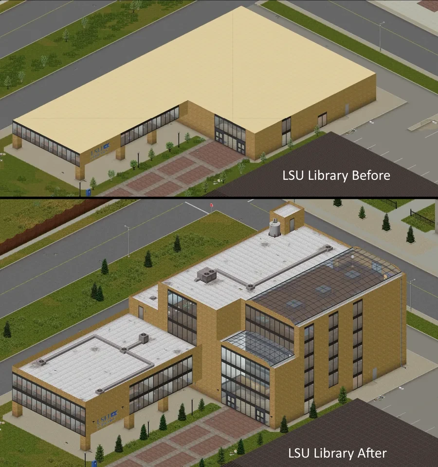 大学図書館の作り直し前と後。平たい箱型の建物が、ガラス張りの4階建てに変わっている