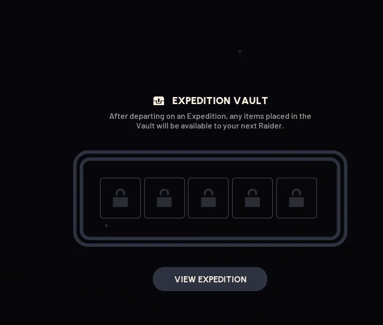 鍵のかかった5つの枠が並ぶ EXPEDITION VAULT の画面
