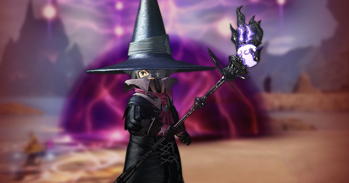 とんがり帽子と覆面の黒魔道士が、紫の光をまとった杖を持っている