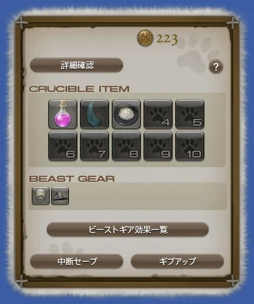 テンポラリアイテムの画面。クルーシブルアイテム10枠とビーストギア