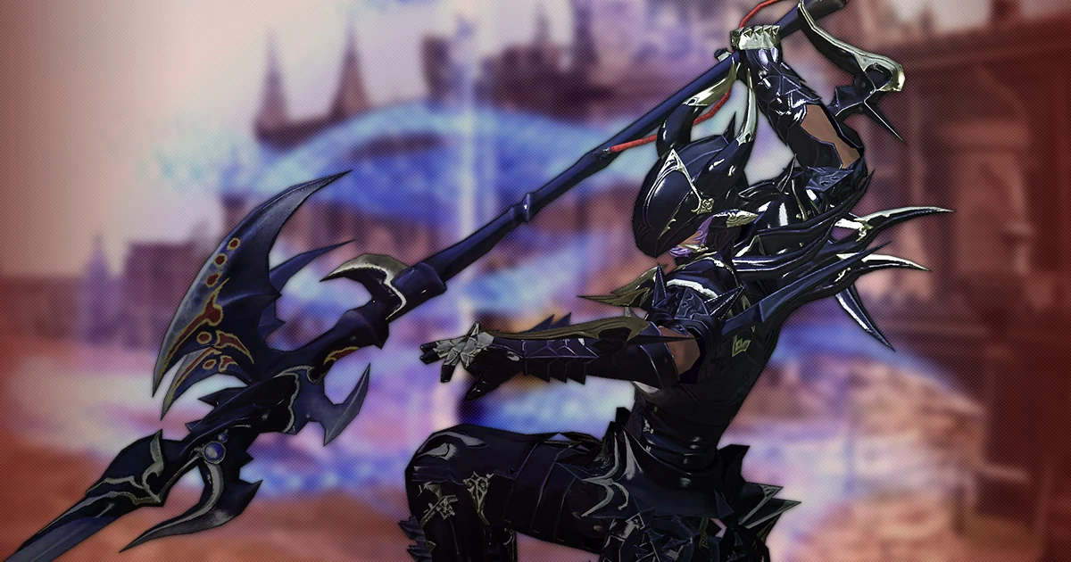 黒い竜の鎧をまとった竜騎士が、長い槍を構えている