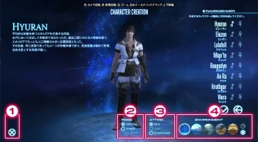 キャラクター作成の画面。右に種族と性別の一覧、下にポーズ、装備、背景を切り替えるボタン