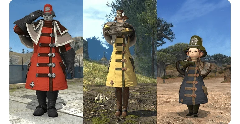 3つのグランドカンパニーの制服を着たキャラクター。左から黒渦団、双蛇党、不滅隊