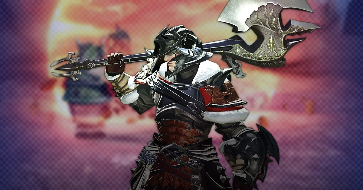 角のある黒い兜と鎧で、大きな斧を肩にかついだ戦士