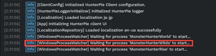 HunterPieのコンソールに、Wildsのプロセスを待つ行が出ている画面