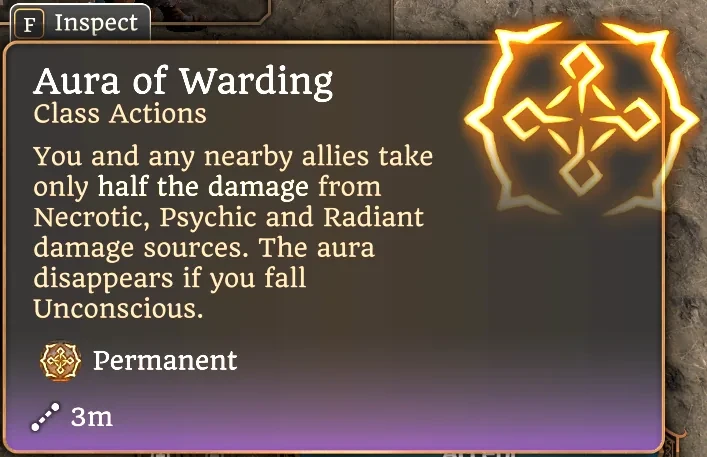 防護のオーラ（Aura of Warding）のツールチップ。死霊・精神・光輝ダメージを半減し、気絶するとオーラが消える