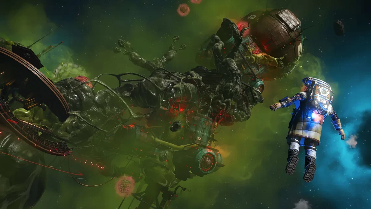 粘液に覆われた汚染されたアウトポストと宇宙遊泳するプレイヤー