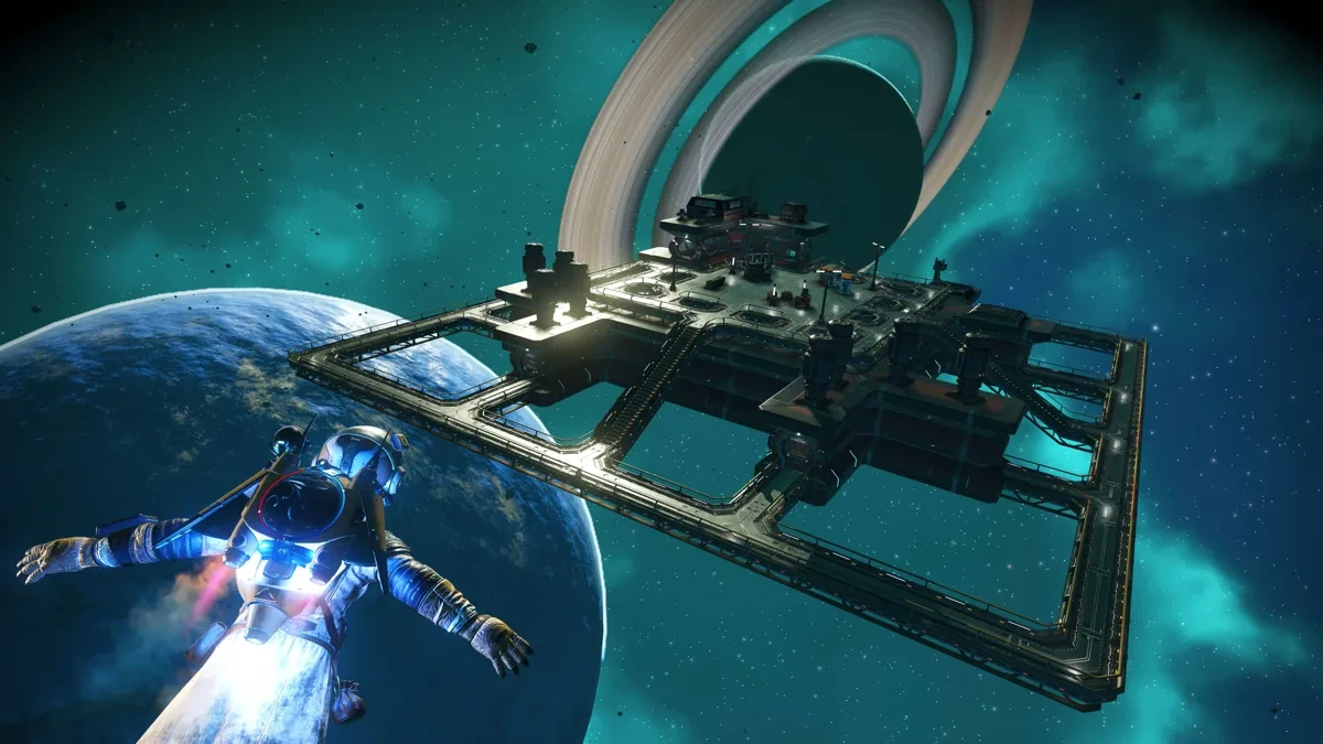 宇宙空間に浮かぶ基地に向かって宇宙遊泳するプレイヤー