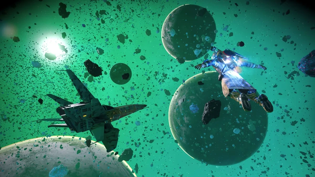 宇宙船から離れて宇宙遊泳するプレイヤー