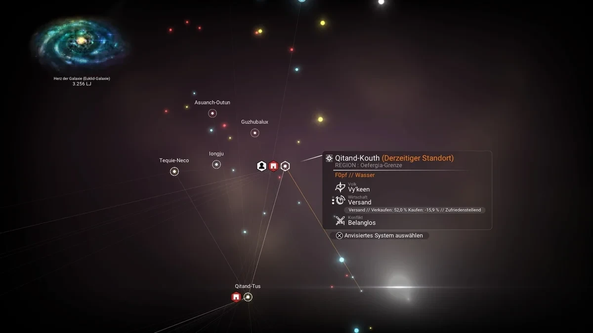 ギャラクシーマップ。線でつながった星系を選ぶ