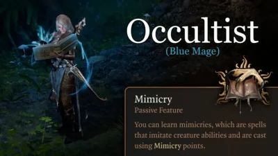 Occultist Class (Blue Mage) の配布ページの画像。本を手にしたオカルティストと「擬態」の説明