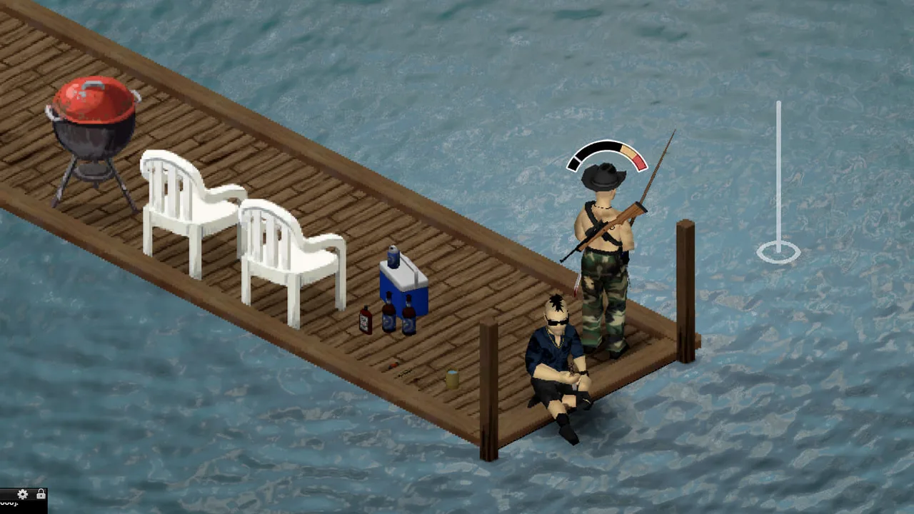 桟橋で竿を構えたキャラクターの頭上の張りのゲージと、水面の浮き