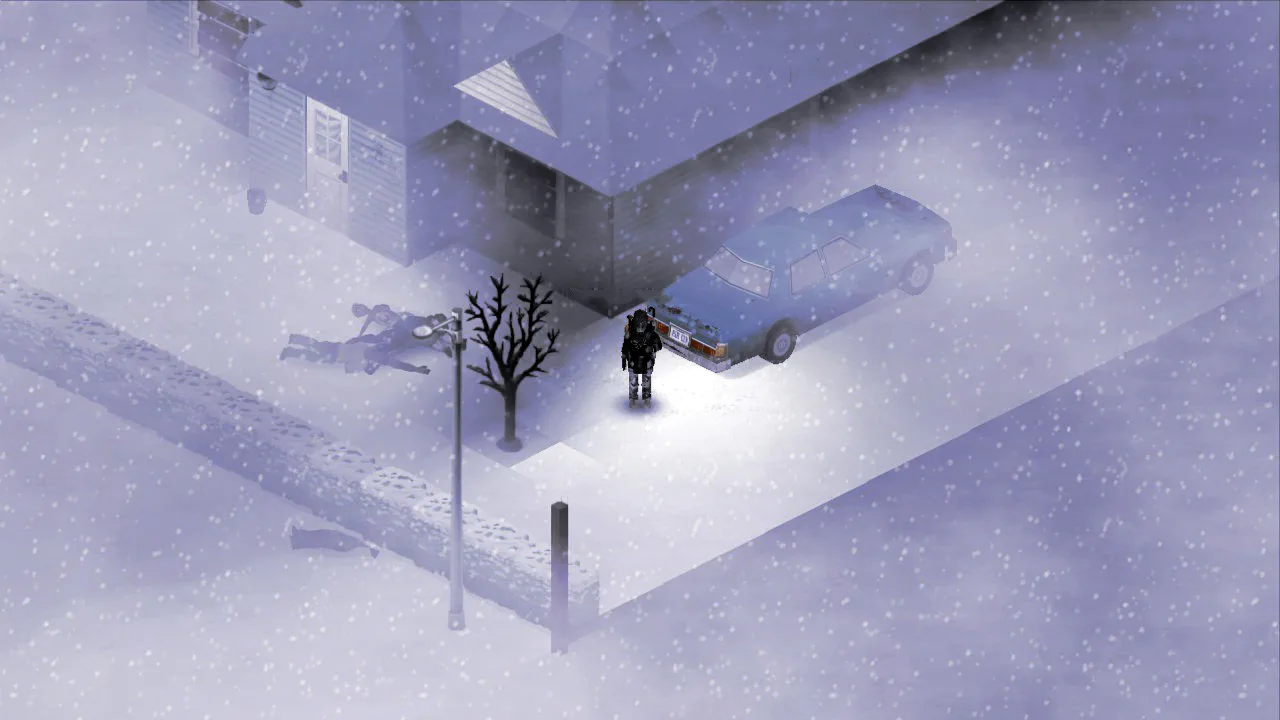 吹雪の中で家の前に立つ生存者