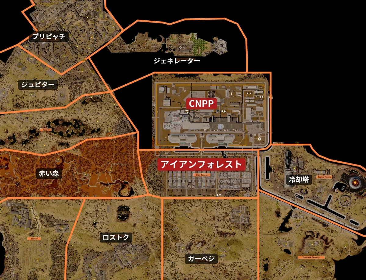 ゾーン北部の地図。CNPPとアイアンフォレストに赤い印