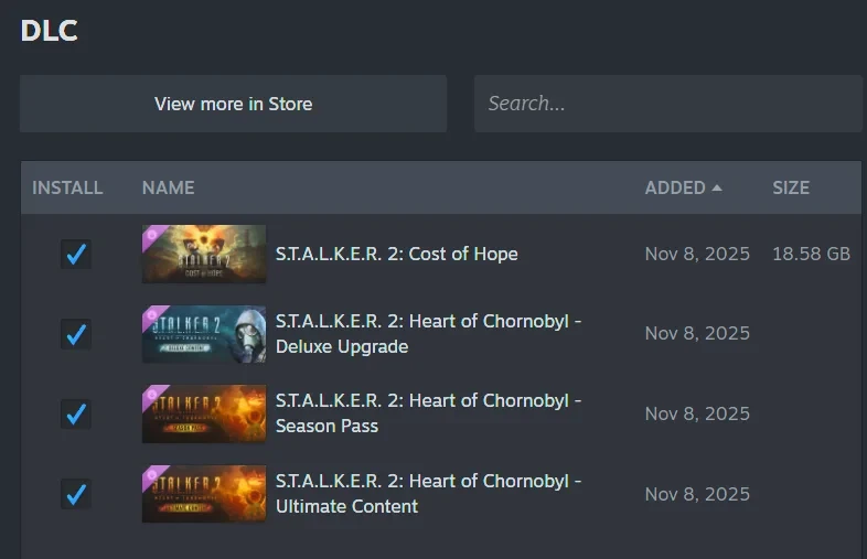 SteamのプロパティのDLC欄。Cost of Hopeなど4つにチェックが入っている