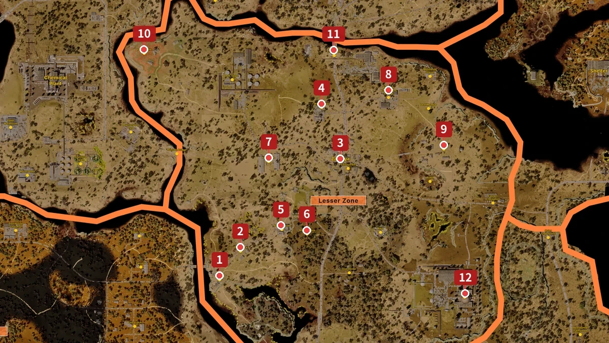 レッサーゾーンの地図に1から12の番号を打ったもの