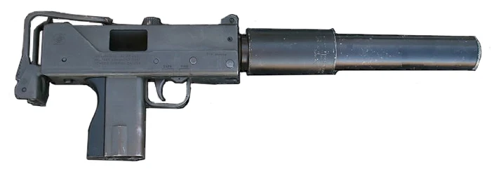 実銃のIngram MAC-10、サプレッサーを装着した状態