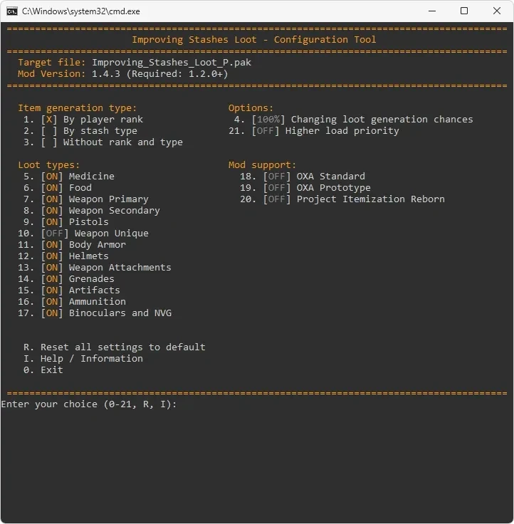 Improving Stashes Lootの設定ツールの画面