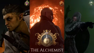 The Alchemist の配布ページの画像。3つの教義の錬金術師と紋章