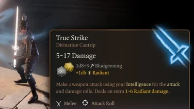True Strike (2024) の近接版ツールチップ。知力で攻撃ロールとダメージロールを行い、追加で1d6光輝