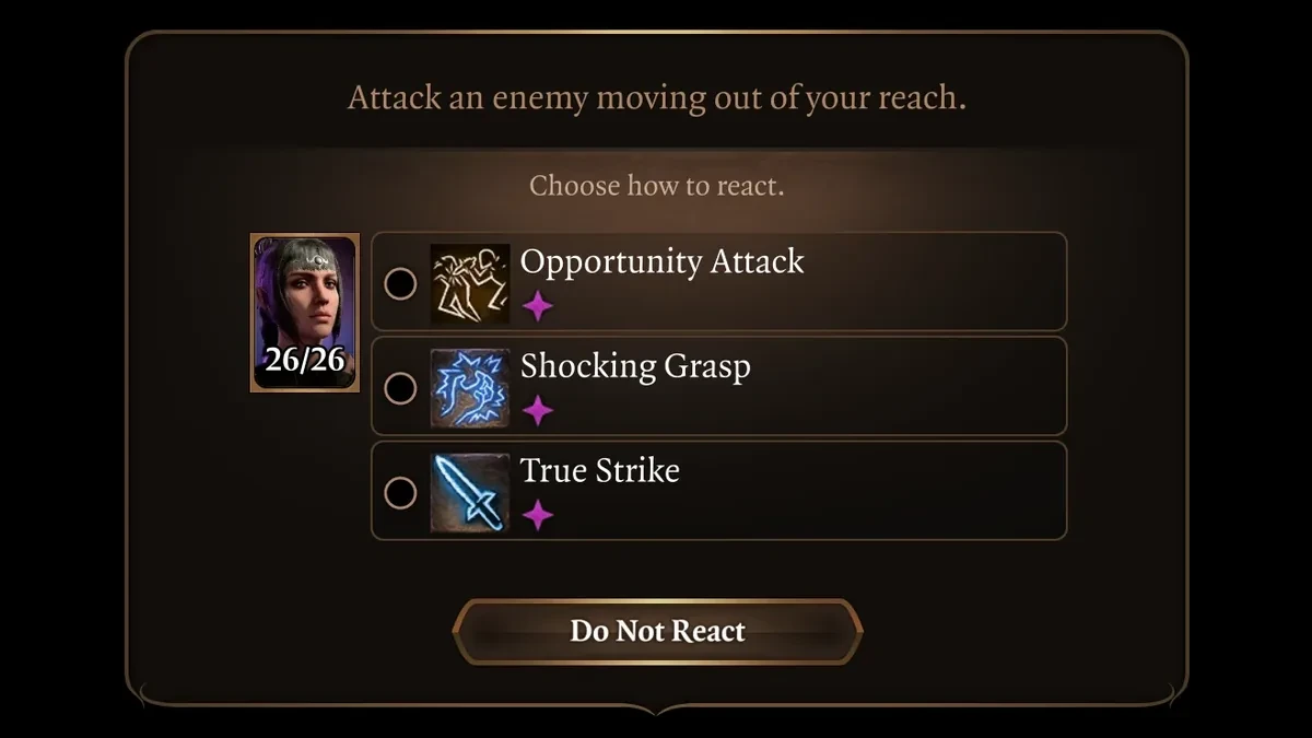 機会攻撃のリアクション選択に True Strike が並ぶ。War Caster との連携