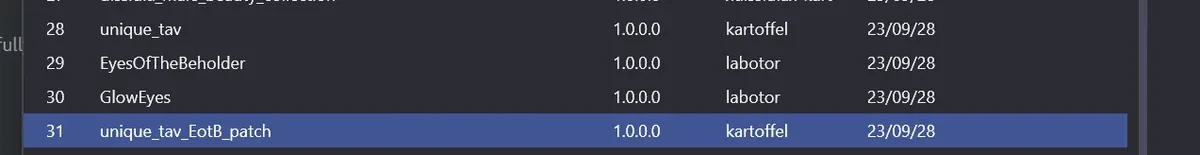 BG3 Mod Managerのロード順。unique_tav、Eyes of the Beholder、GlowEyes、unique_tav_EotB_patchが並んでいる
