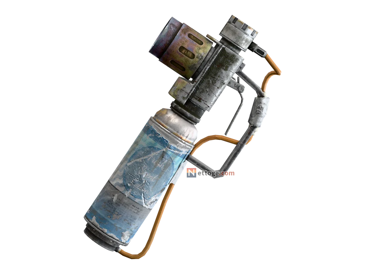 フレイムスプレー。青いラベルの芳香剤の缶の上にバーナーと引き金を付け、オレンジの管でつないである