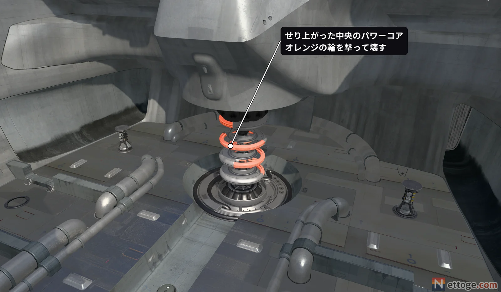 穴からせり上がった中央のパワーコアの 3D 図。オレンジの輪に印