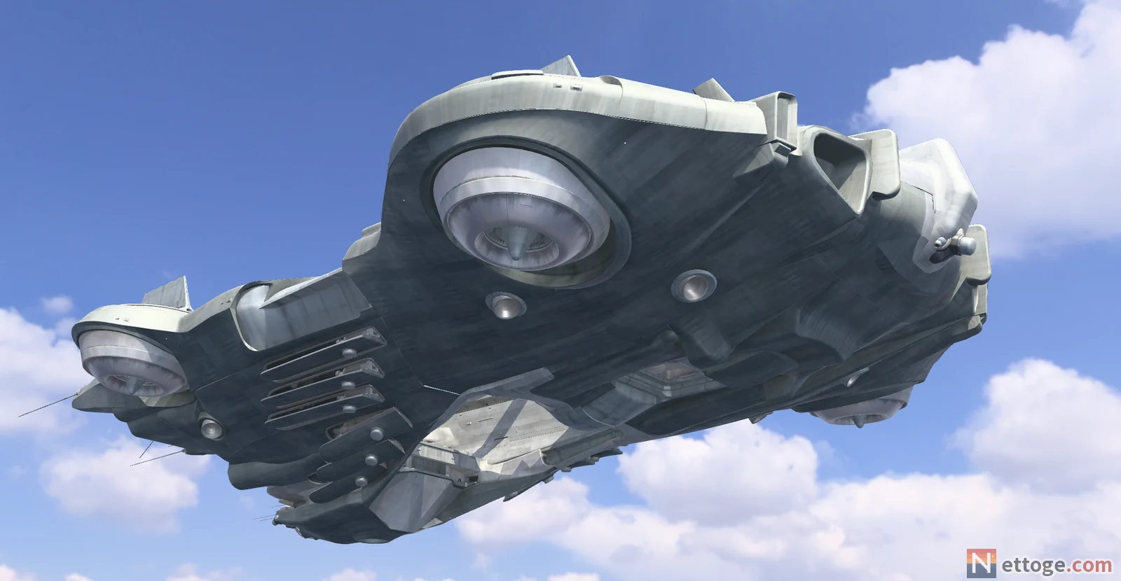 この記事のために作ったフリゲートの 3D ビューアで、艦を下から見た図。空を背に、艦底の推進器が並ぶ
