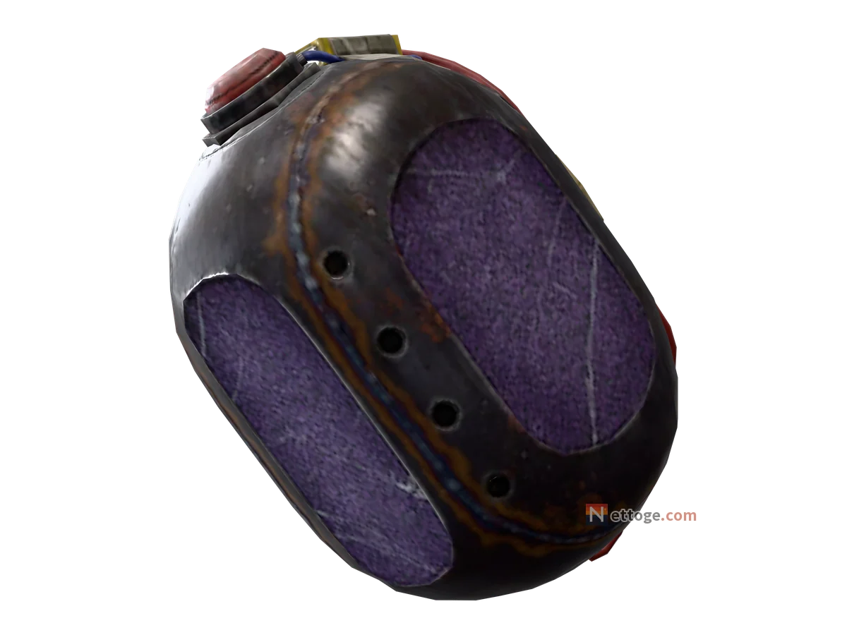 タグ・グレネード。角の丸い黒い金属の容器の側面に紫の網が張られ、上に赤いボタン、横に黄色い箱と赤と青の線が付く