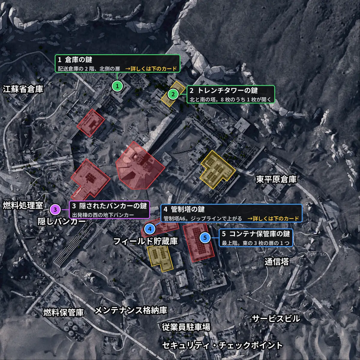 宇宙港の鍵部屋の地図。番号は下の一覧と同じ