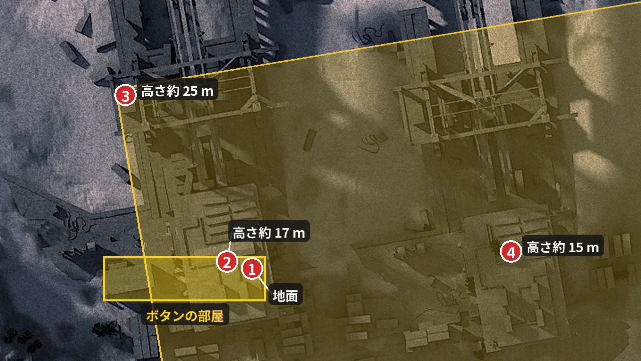 リブン・タイズの積み込み場の地図。ボタン 4 か所に番号と高さ、ボタンの部屋を黄色の四角で示している