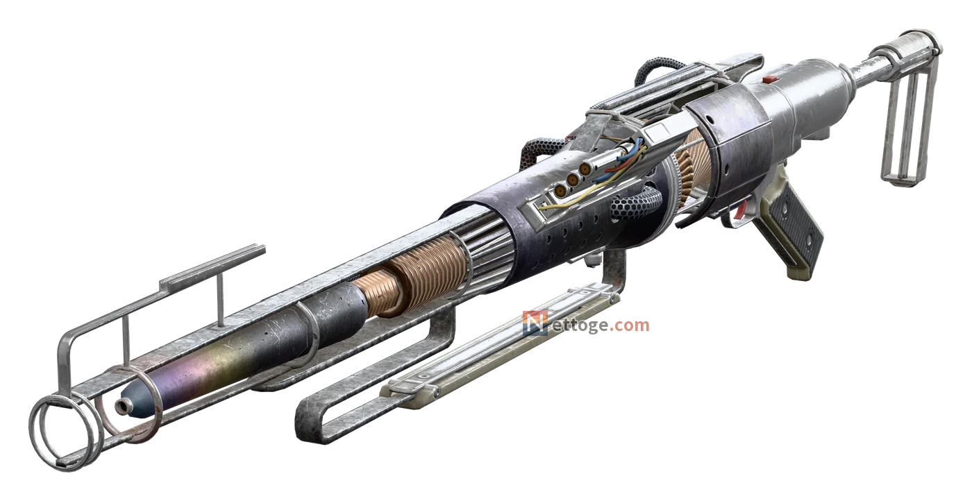 増幅したアフェリオンを斜め前から見た姿。虹色に焼けた銃身の先と、銅の巻き線がむき出しの筒、紫がかった覆い