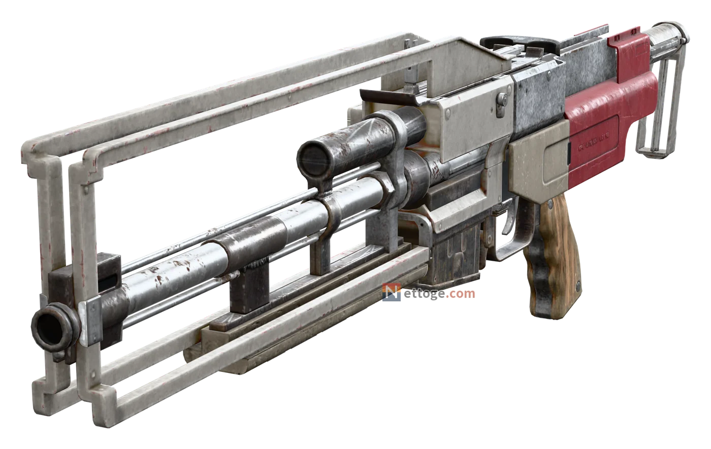 アルペジオを斜め前から見た姿。2 本の銃身を四角い枠が囲み、後ろに木の握りがある