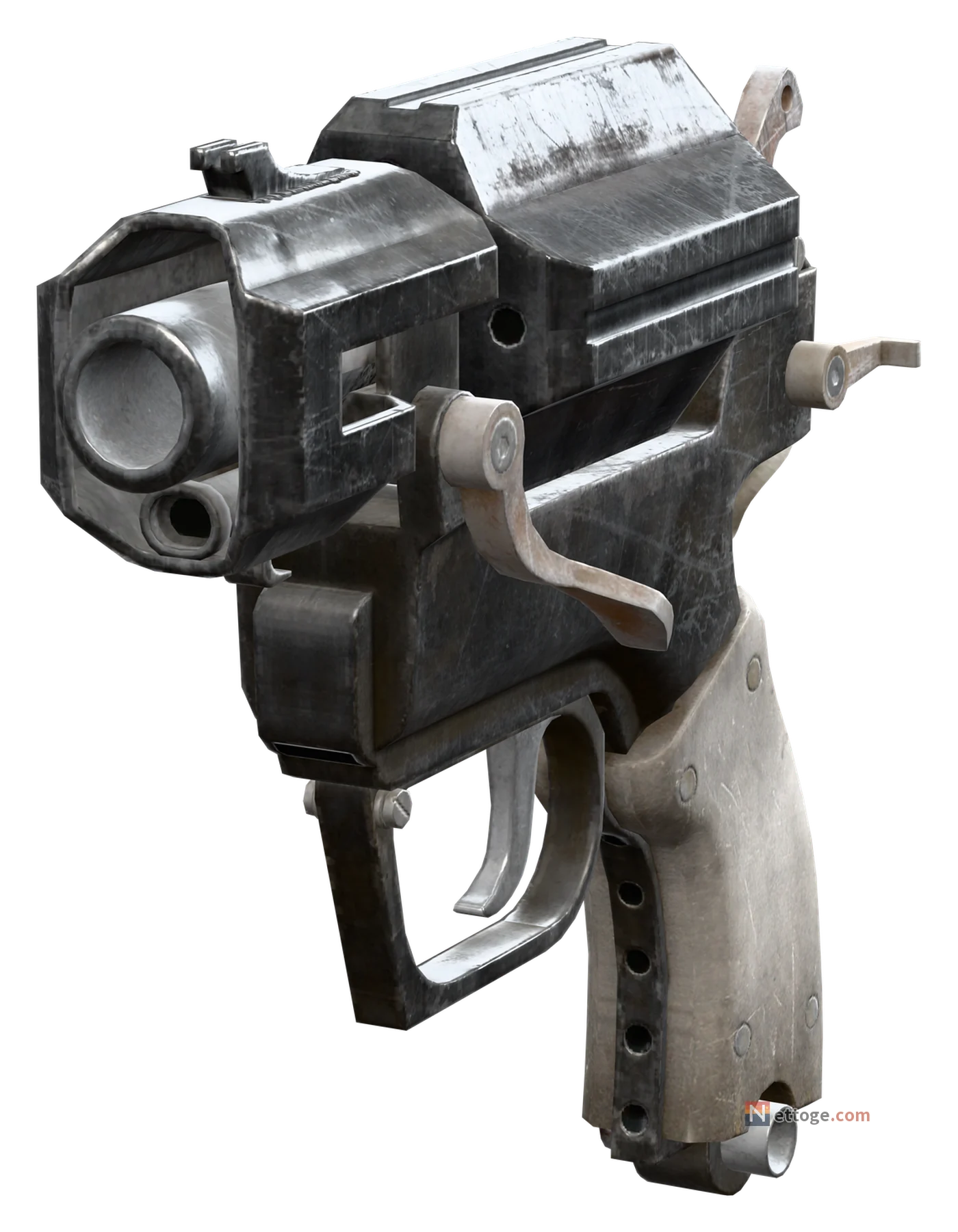 バンタムを斜め前から見た姿。四角い覆いの中に丸い銃口があり、下に白い握りが付く