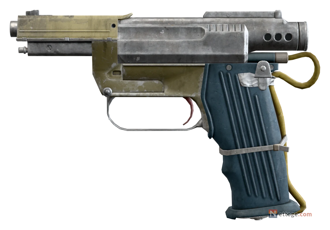 バーレッタを横から見た姿。黄緑色の機関部と銀色の銃身、青いグリップに黄色のコードが巻かれている