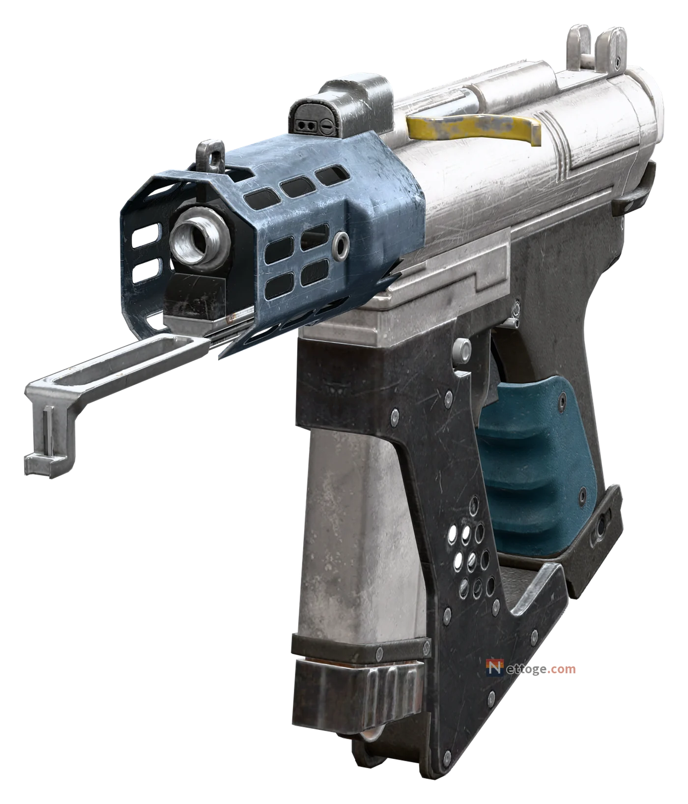 増幅したカントを斜め前から見た姿。銀色の機関部と、穴の開いた青い銃身の覆い