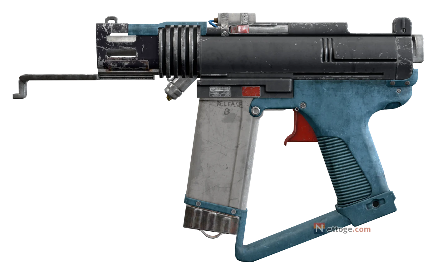 カントを横から見た姿。黒い機関部に青いグリップと白い弾倉が付いた SMG