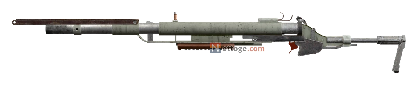 フェロを横から見た姿。淡い緑の太い機関部と長い銃身、銃身に沿う錆びた棒、下に銅色の先台が付く