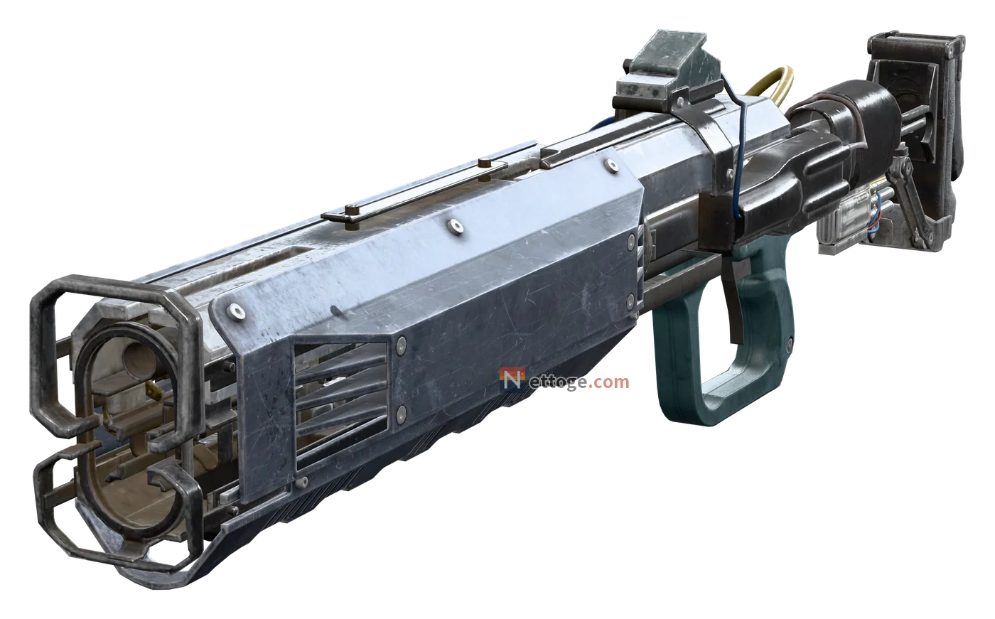 増幅したジュピターを斜め前から見た姿。銀色の角ばった覆いの銃身と、青緑の握り